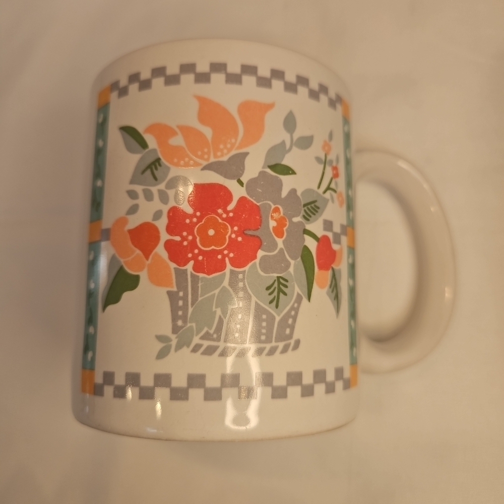 1990's Cottage Core Floral Ceramic Mug with Orange and Red Flowers